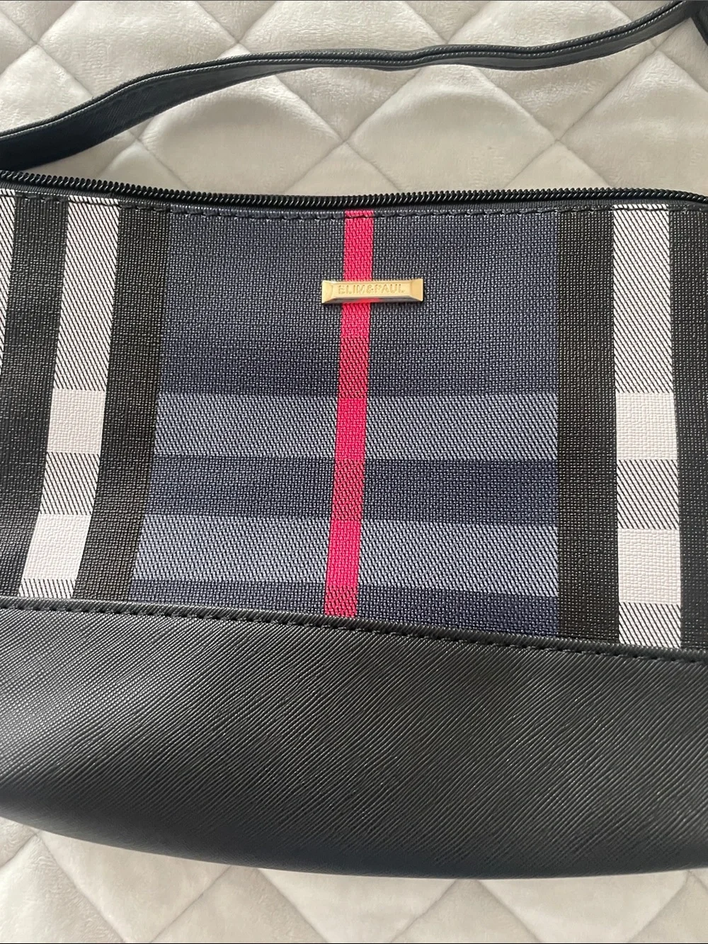 Elim& Paul Black Plaid Crossbody Bag with Gold Accents